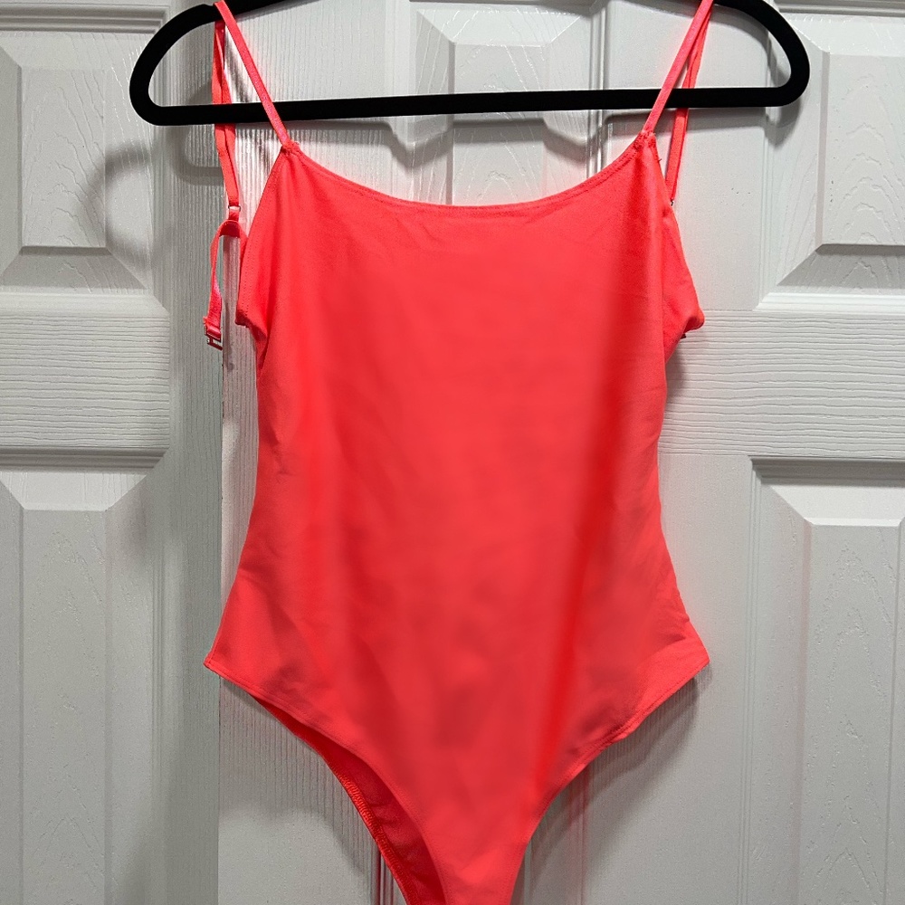 Coral Spaghetti Strap Open Back Bodysuit One-piece Bathing Suit